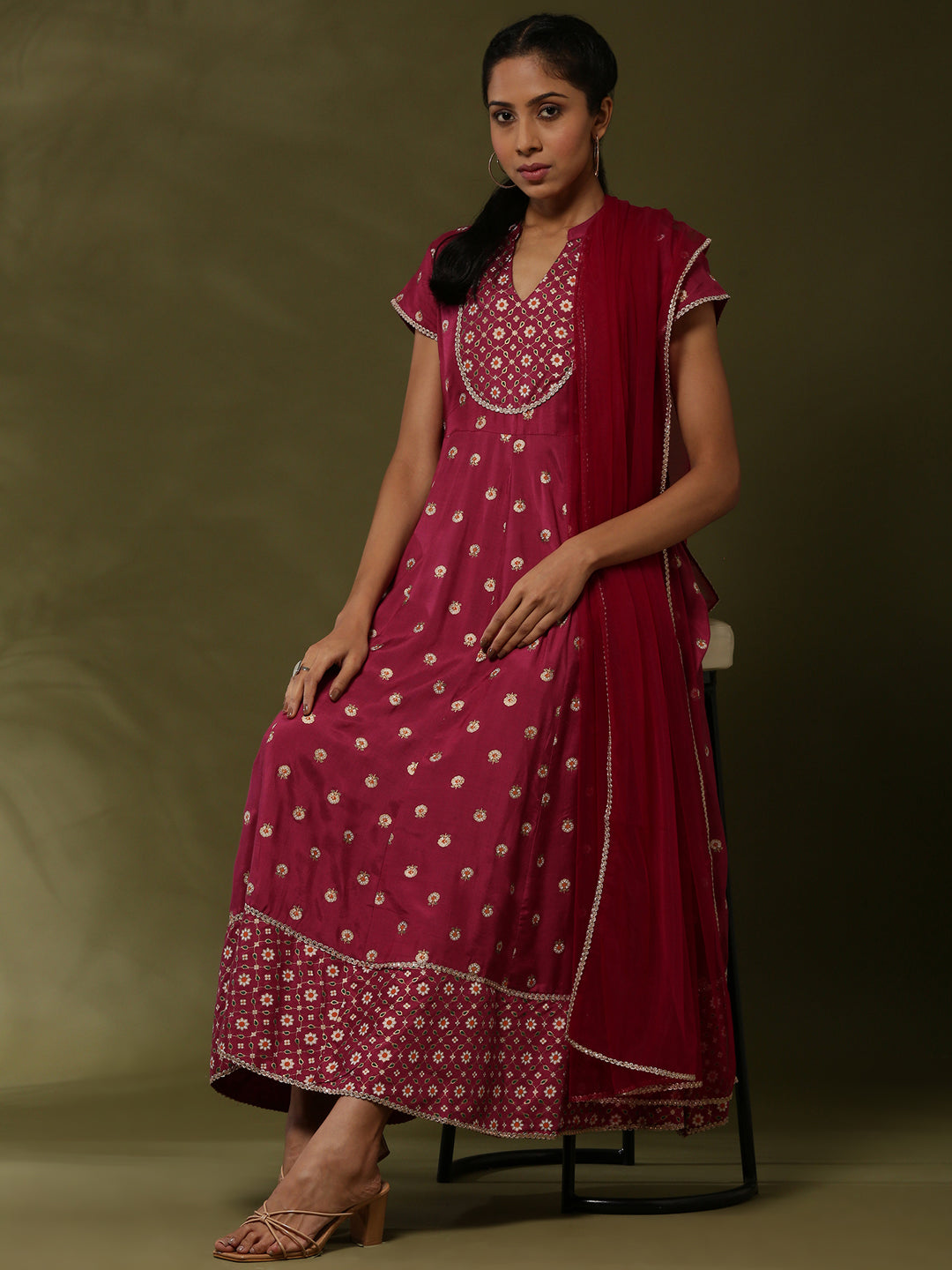 Printed yoke cut flare ethnic dress with dupatta-wine