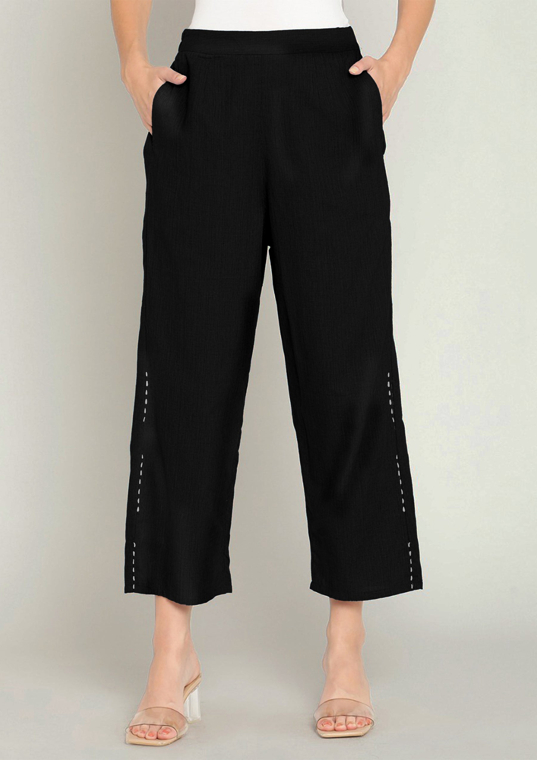 Black Cotton Straight Pants With Elaticated Waist