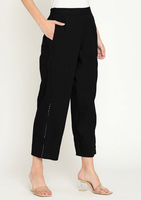 Black Cotton Straight Pants With Elaticated Waist