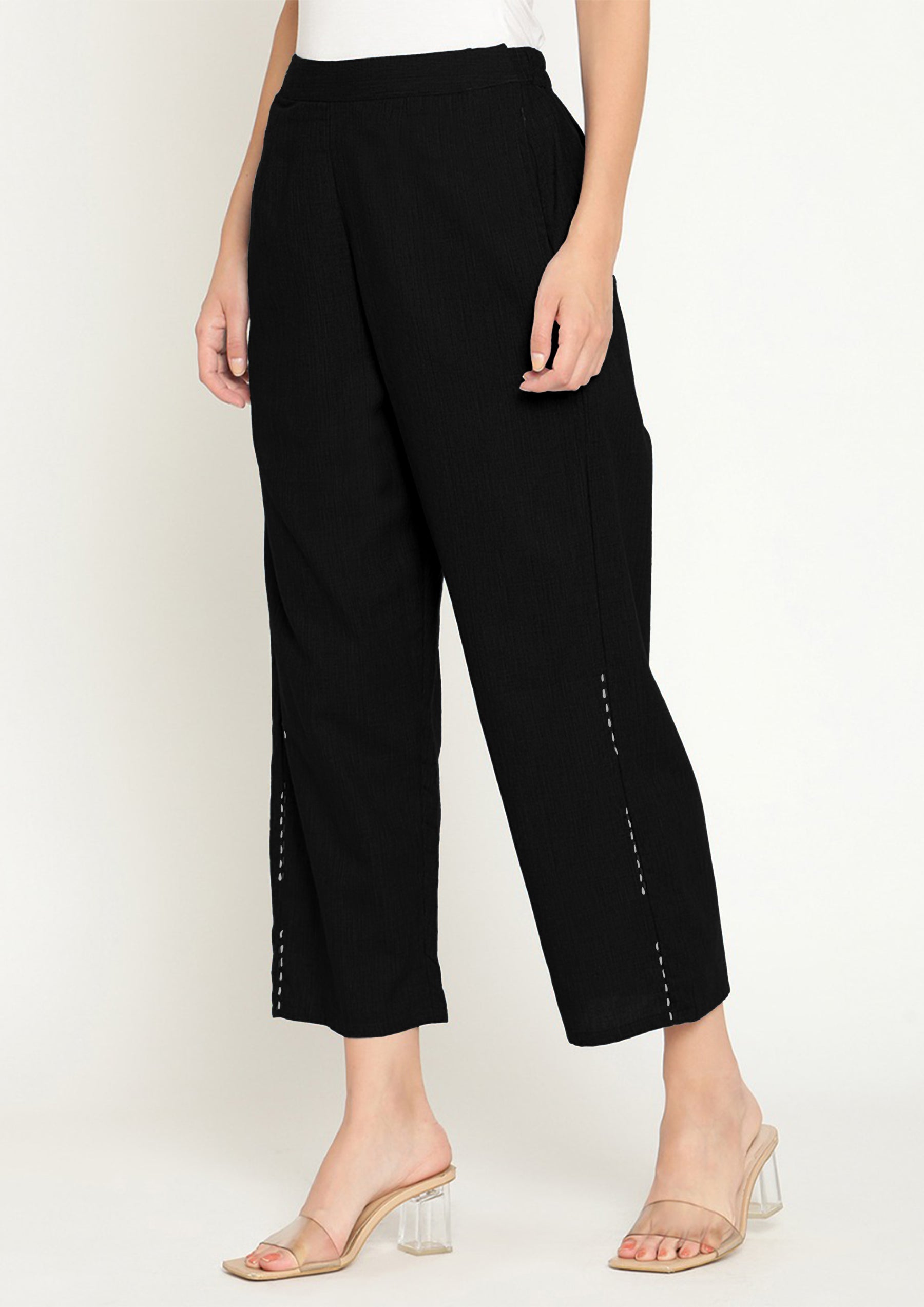 Black Cotton Straight Pants With Elaticated Waist