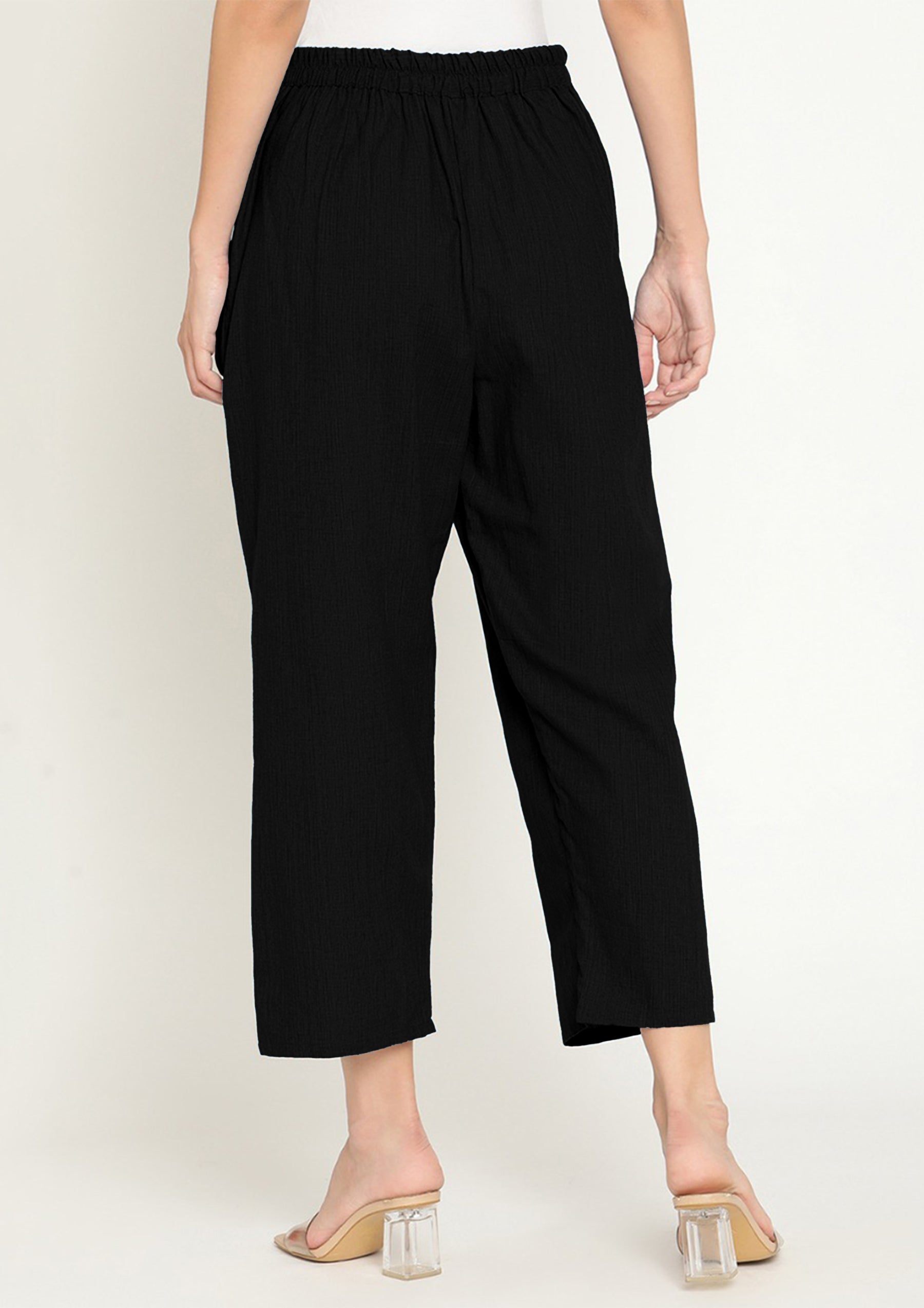 Black Cotton Straight Pants With Elaticated Waist