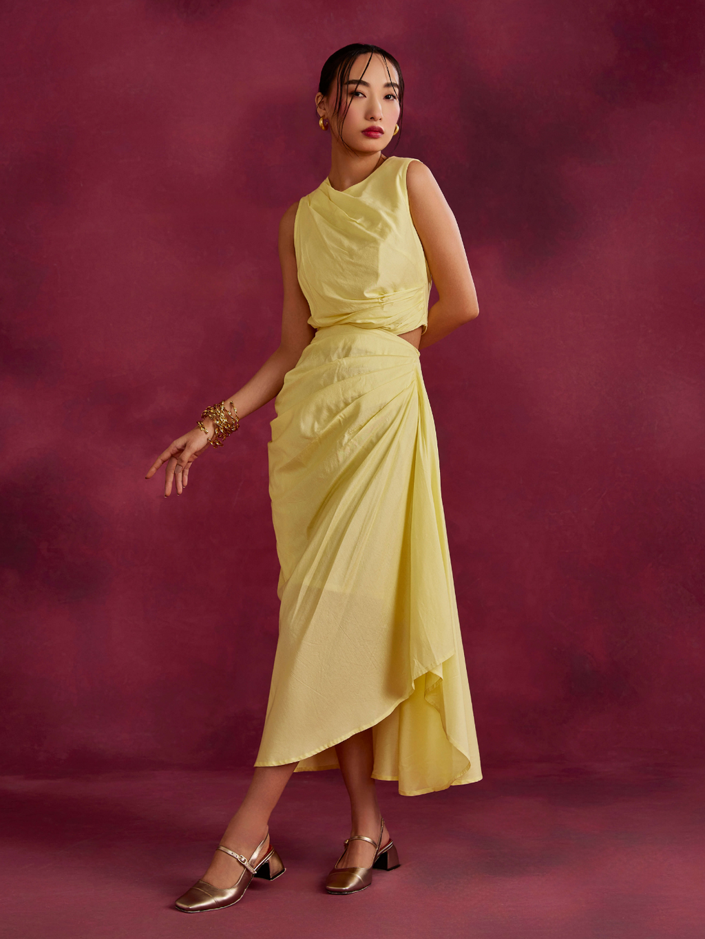 Pleated asymmetric drape skirt- Lemon yellow