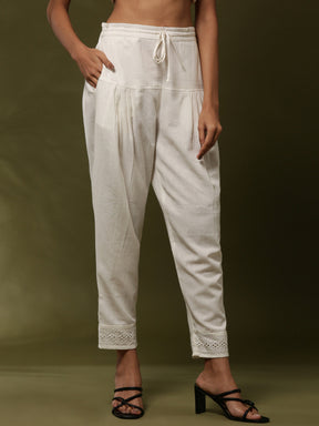 Regular salwar pants with schiffli cuff-  off white