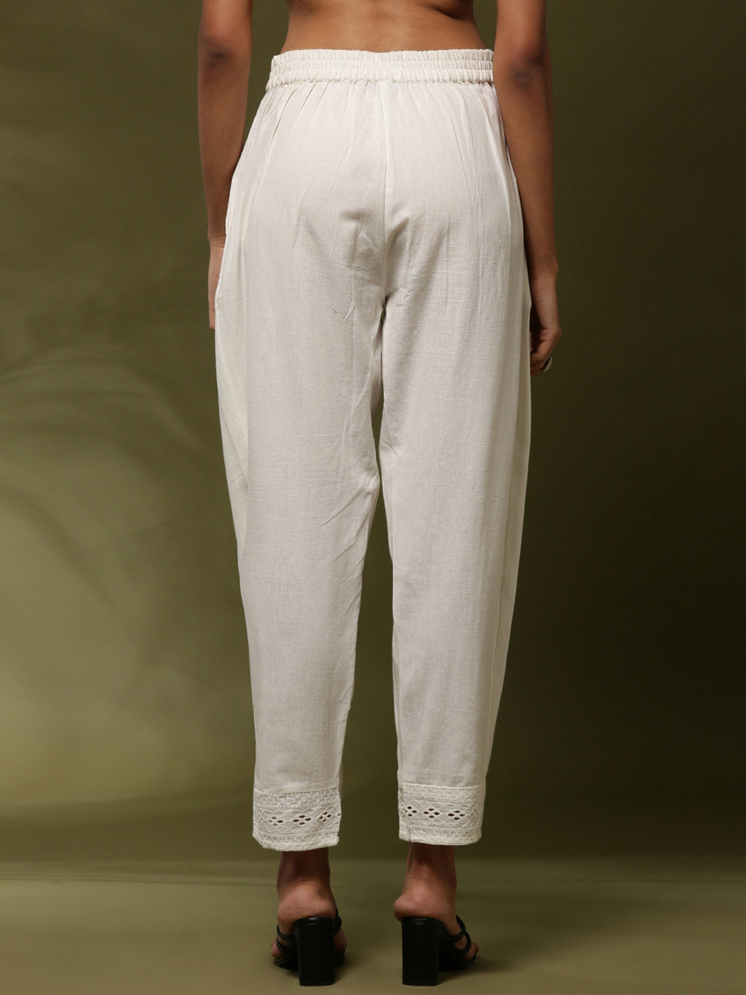 Regular salwar pants with schiffli cuff-  off white