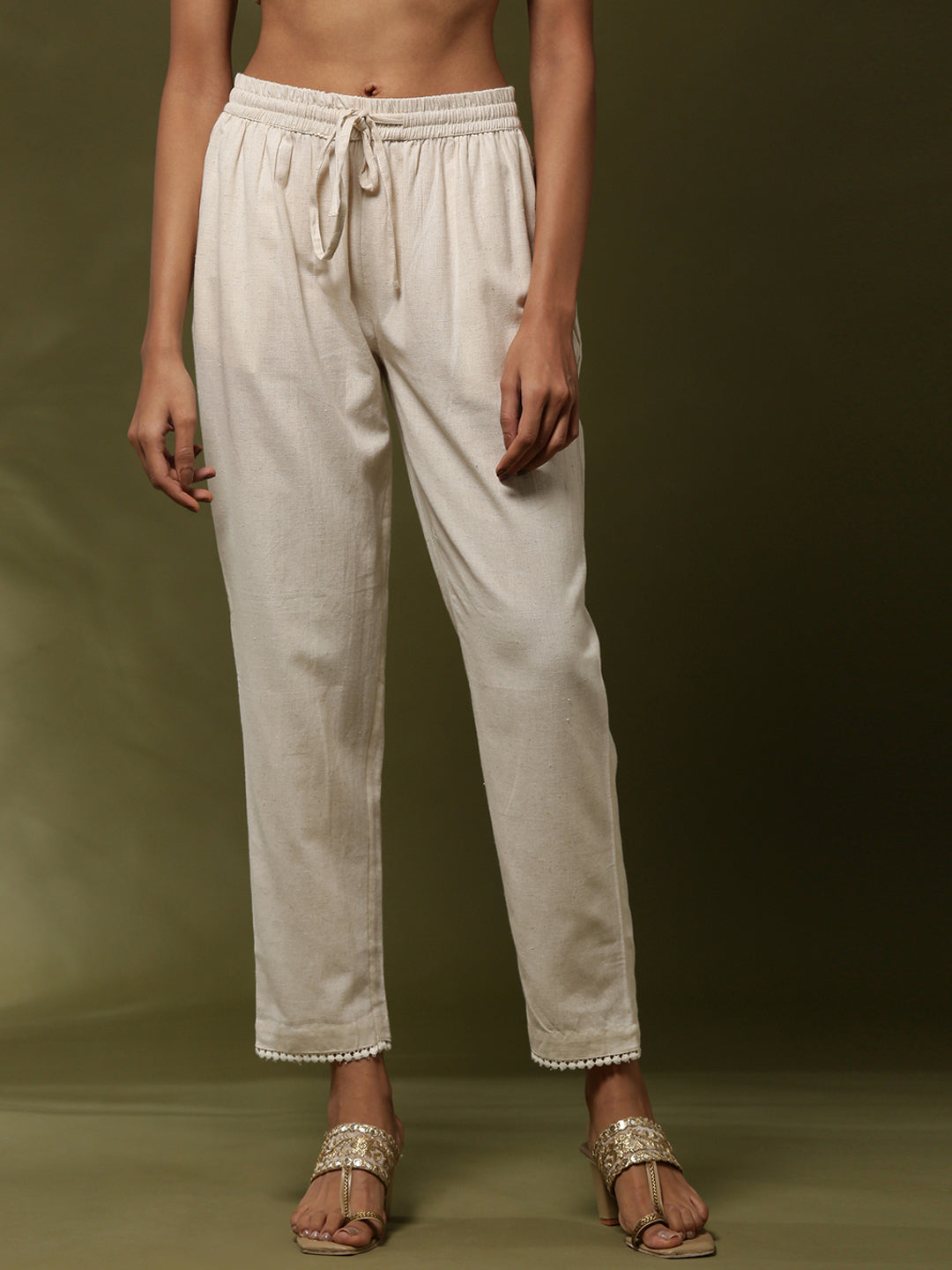 Straight pants with lace detail on hem-beige