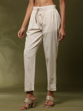 Straight pants with lace detail on hem-beige