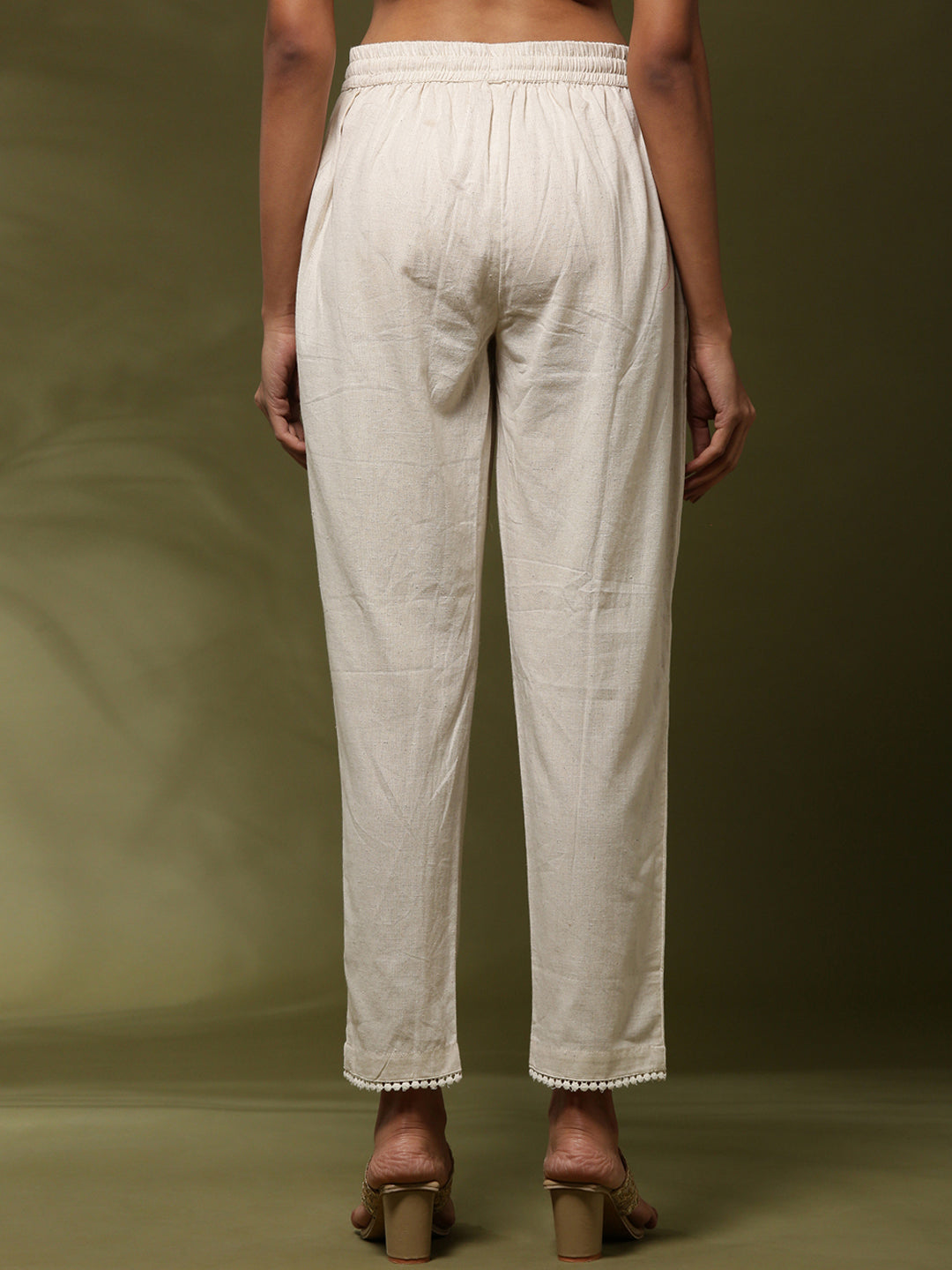 Straight pants with lace detail on hem-beige