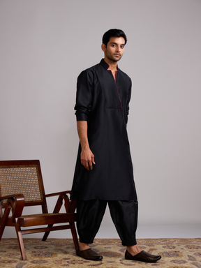 Classic collar straight kurta paired with pathani pants- Rich Black