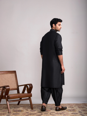 Classic collar straight kurta paired with pathani pants- Rich Black