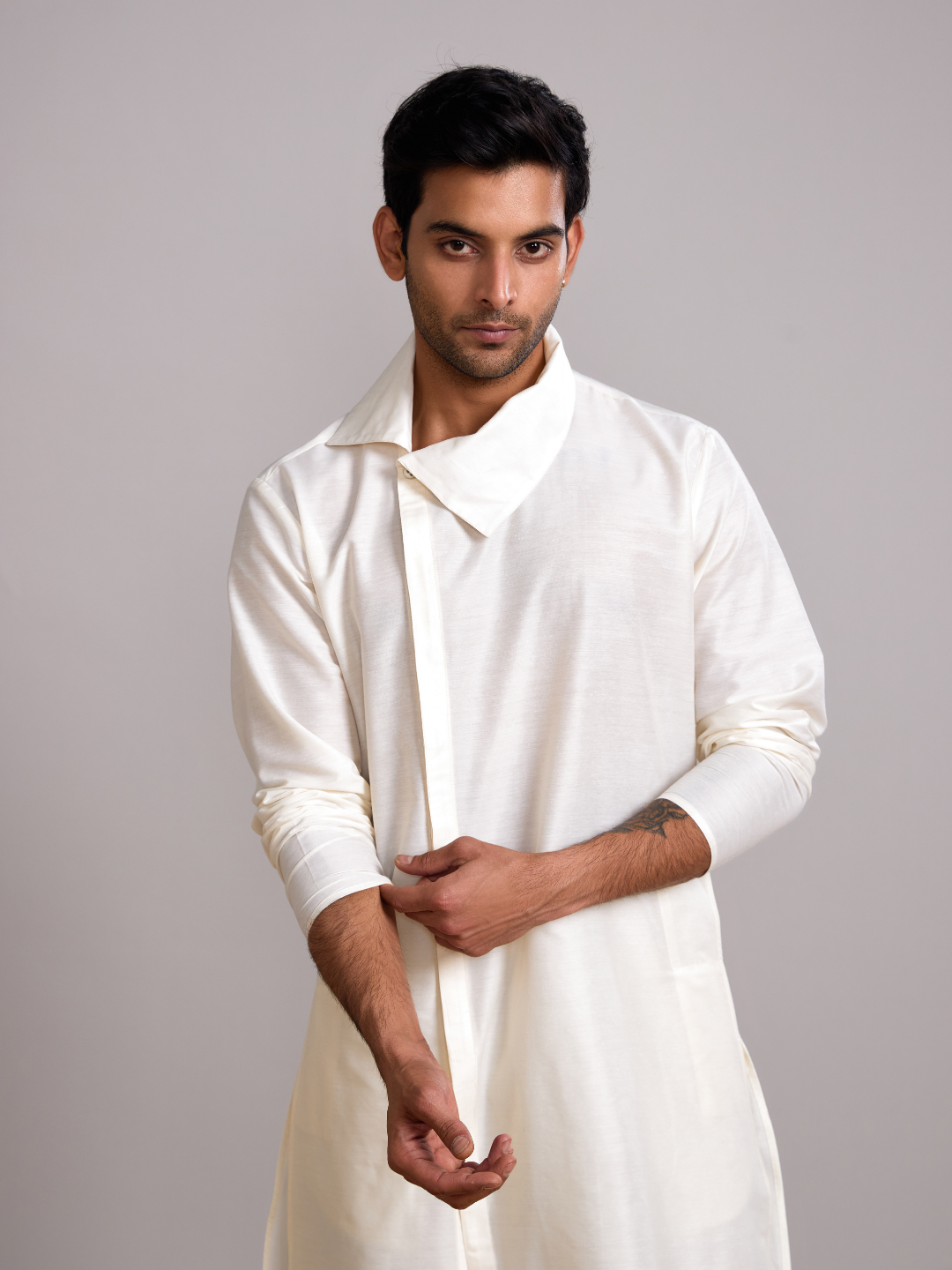 Classic collar straight kurta paired pathani pants- Ivory