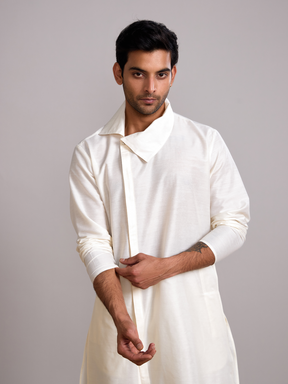 Classic collar straight kurta paired pathani pants- Ivory