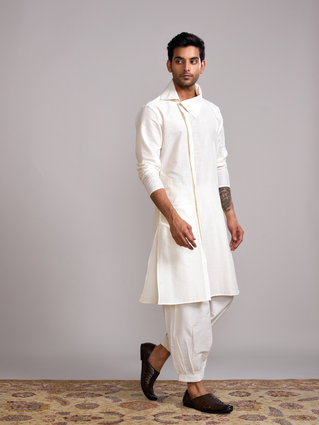 Classic collar straight kurta paired pathani pants- Ivory