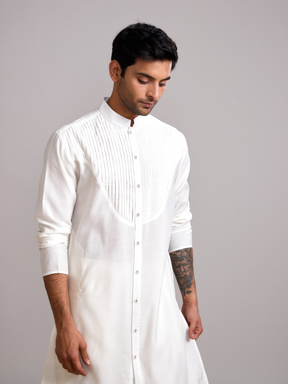 Pintuck neck yoke straight kurta paired with pathani pants- Ivory