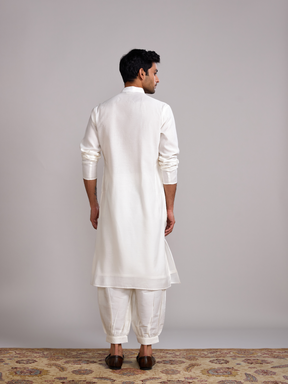 Pintuck neck yoke straight kurta paired with pathani pants- Ivory