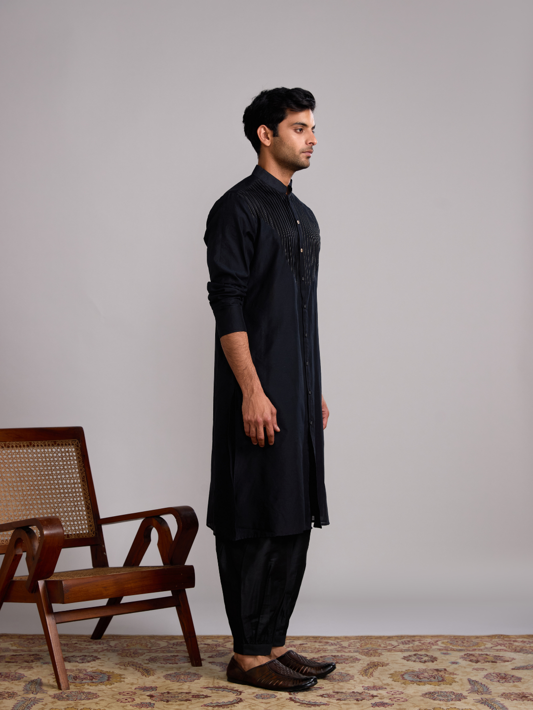 Pintuck neck yoke straight kurta paired with pathani pants- Rich black