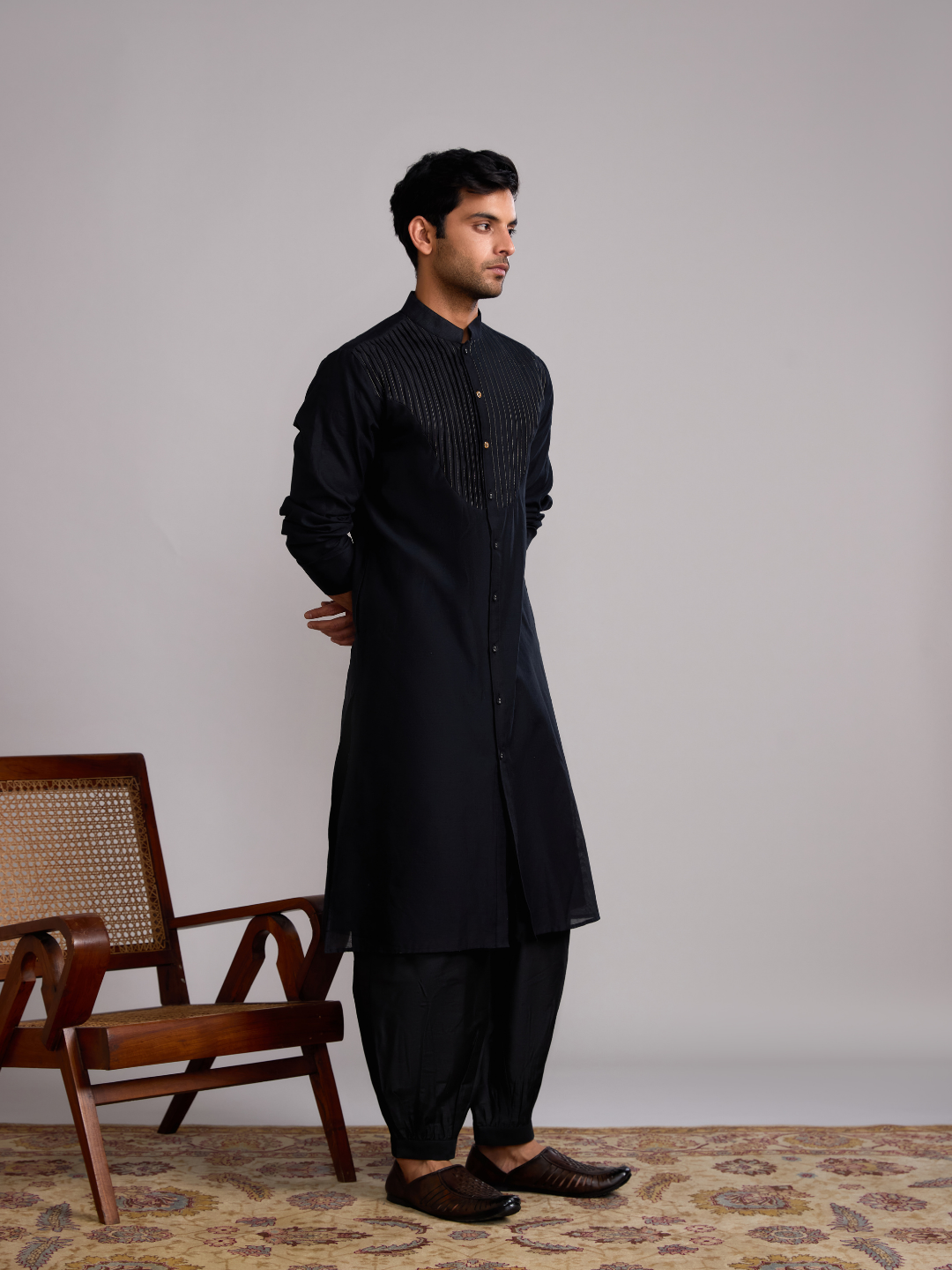 Pintuck neck yoke straight kurta paired with pathani pants- Rich black