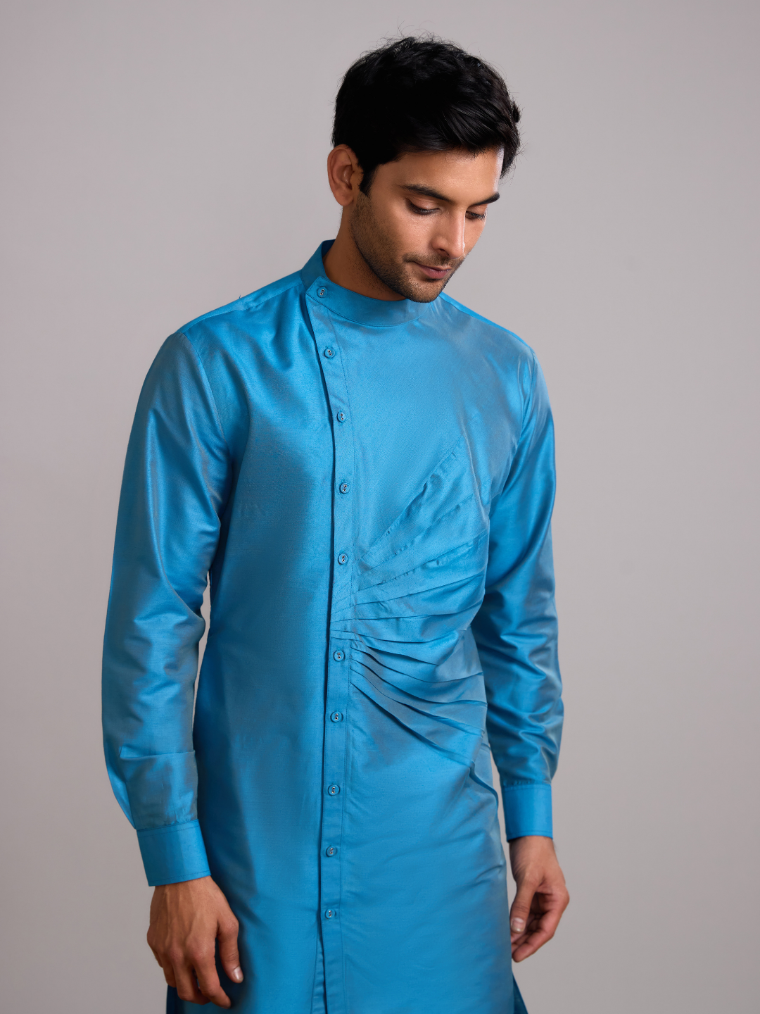 Mandarin collar front pleats straight kurta -Blue moon