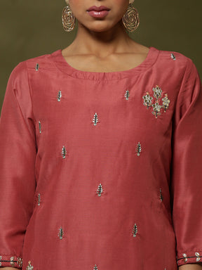 Embroidered straight kurta with solid straight pants and embroidered net dupatta-rose pink