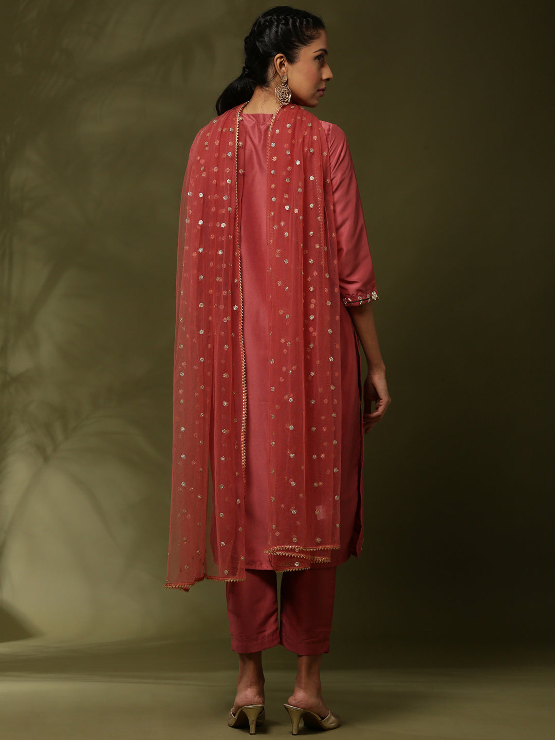 Embroidered straight kurta with solid straight pants and embroidered net dupatta-rose pink