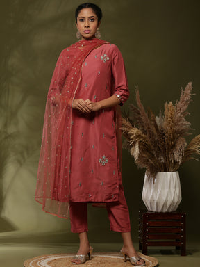 Embroidered straight kurta with solid straight pants and embroidered net dupatta-rose pink