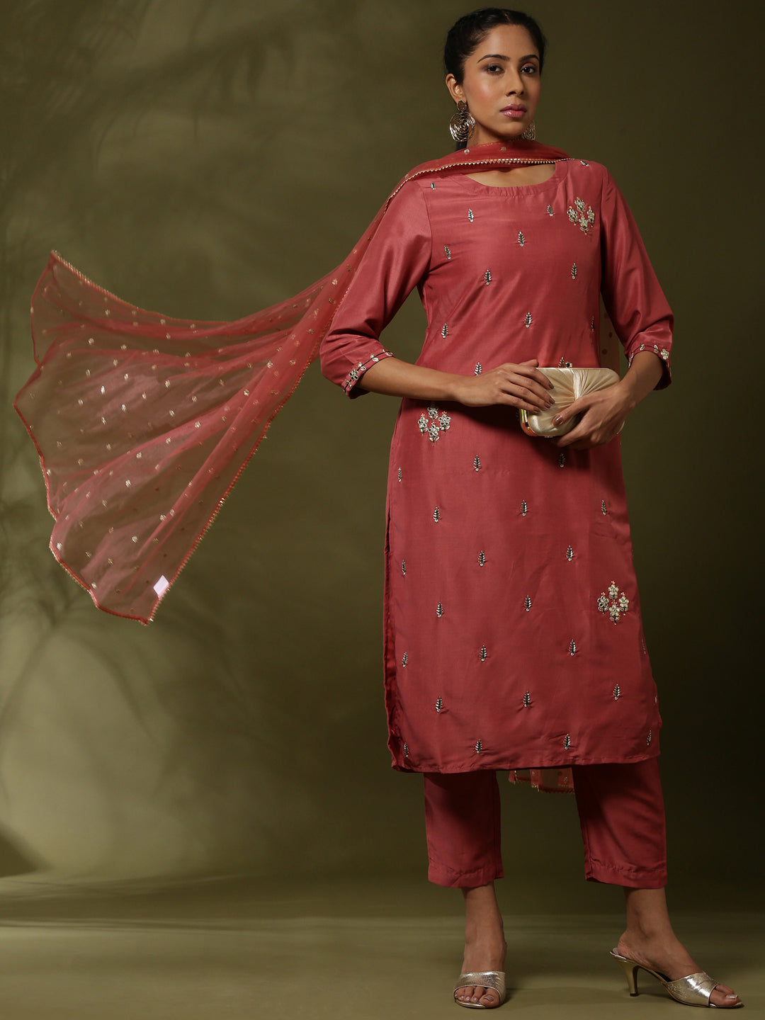 Embroidered straight kurta with solid straight pants and embroidered net dupatta-rose pink