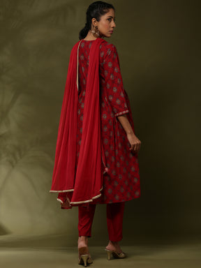 Printed 3pc kurta set with neck embroidery-red