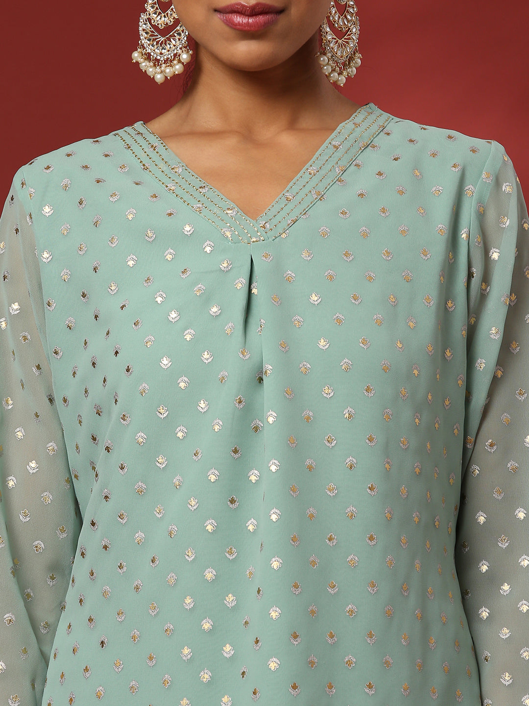 Foil print 3pc short kurta, garara set-mint