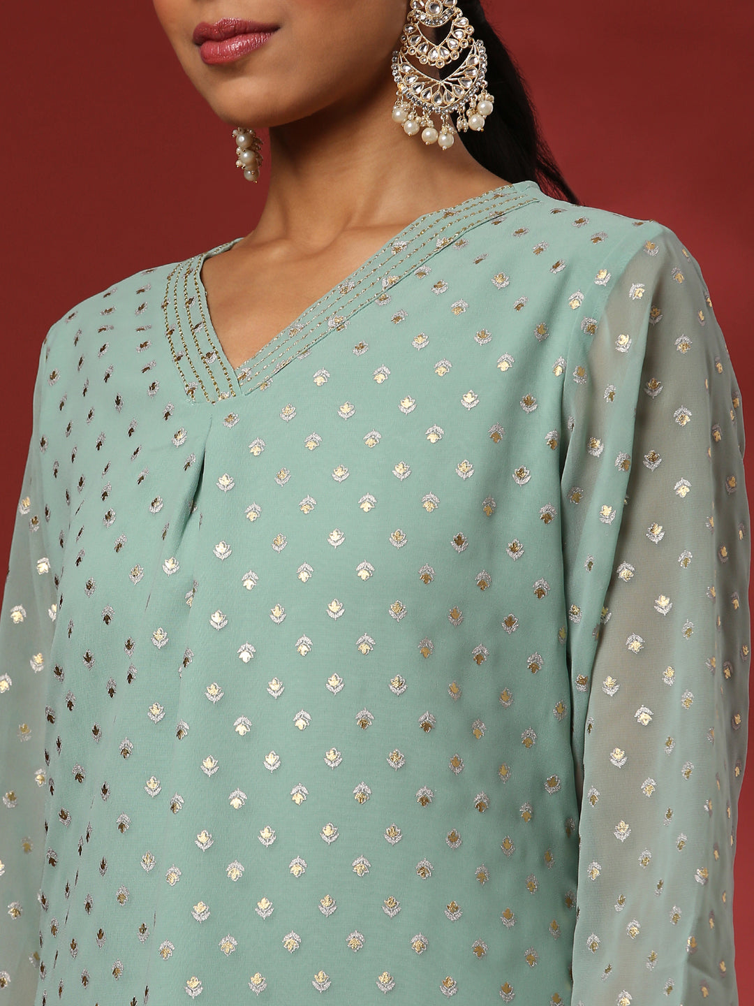 Foil print 3pc short kurta, garara set-mint