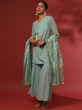 Foil print 3pc short kurta, garara set-mint