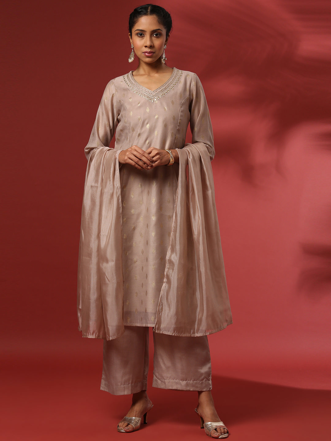 Foil print 3pc kurta set-beige