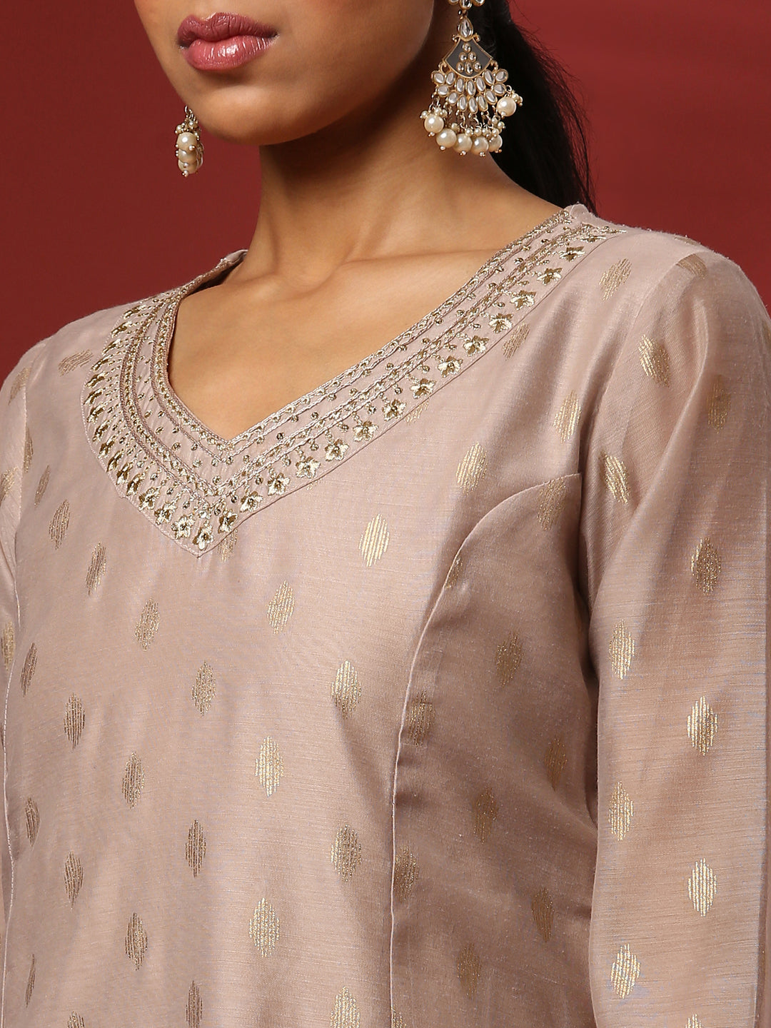 Foil print 3pc kurta set-beige