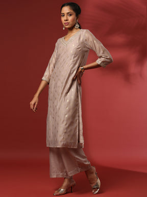 Foil print 3pc kurta set-beige