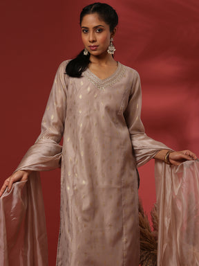 Foil print 3pc kurta set-beige