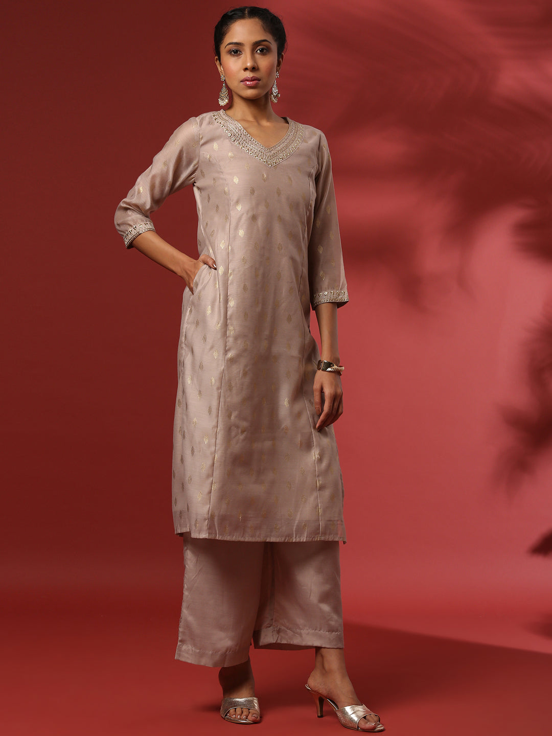 Foil print 3pc kurta set-beige