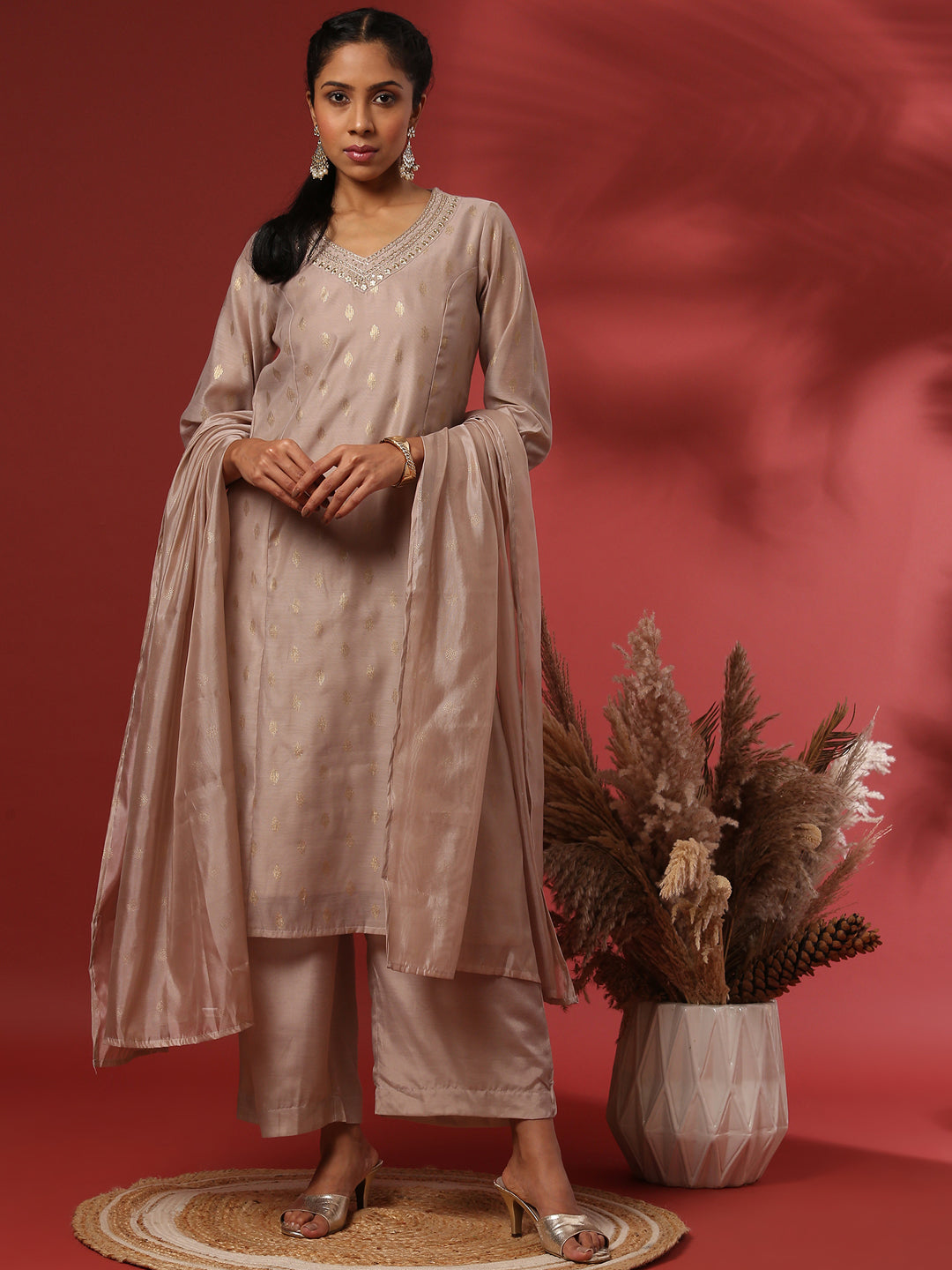 Foil print 3pc kurta set-beige