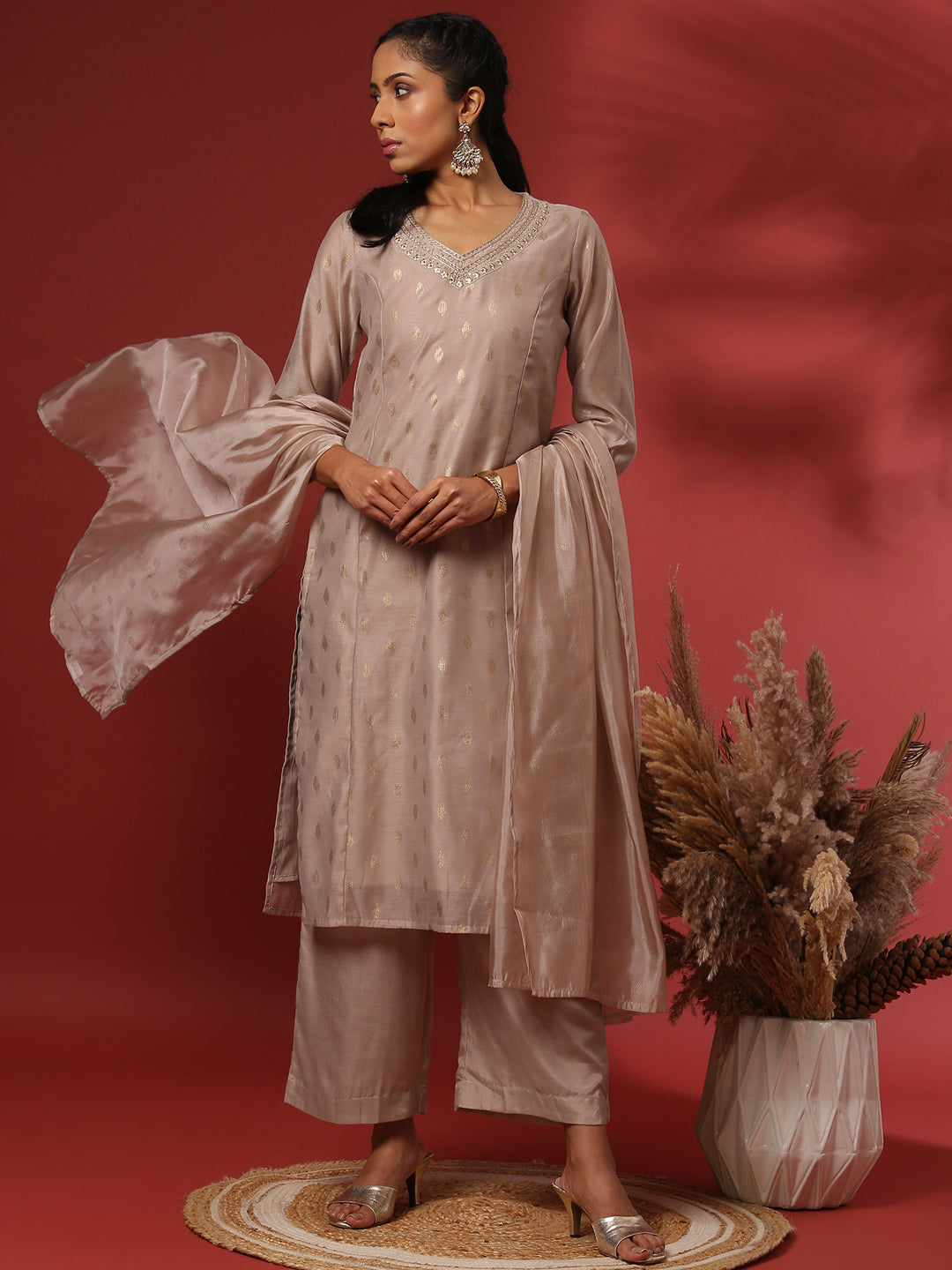 Foil print 3pc kurta set-beige