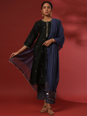 Zari embroidered 3pc kurta set with contrast color pant and dupatta- black