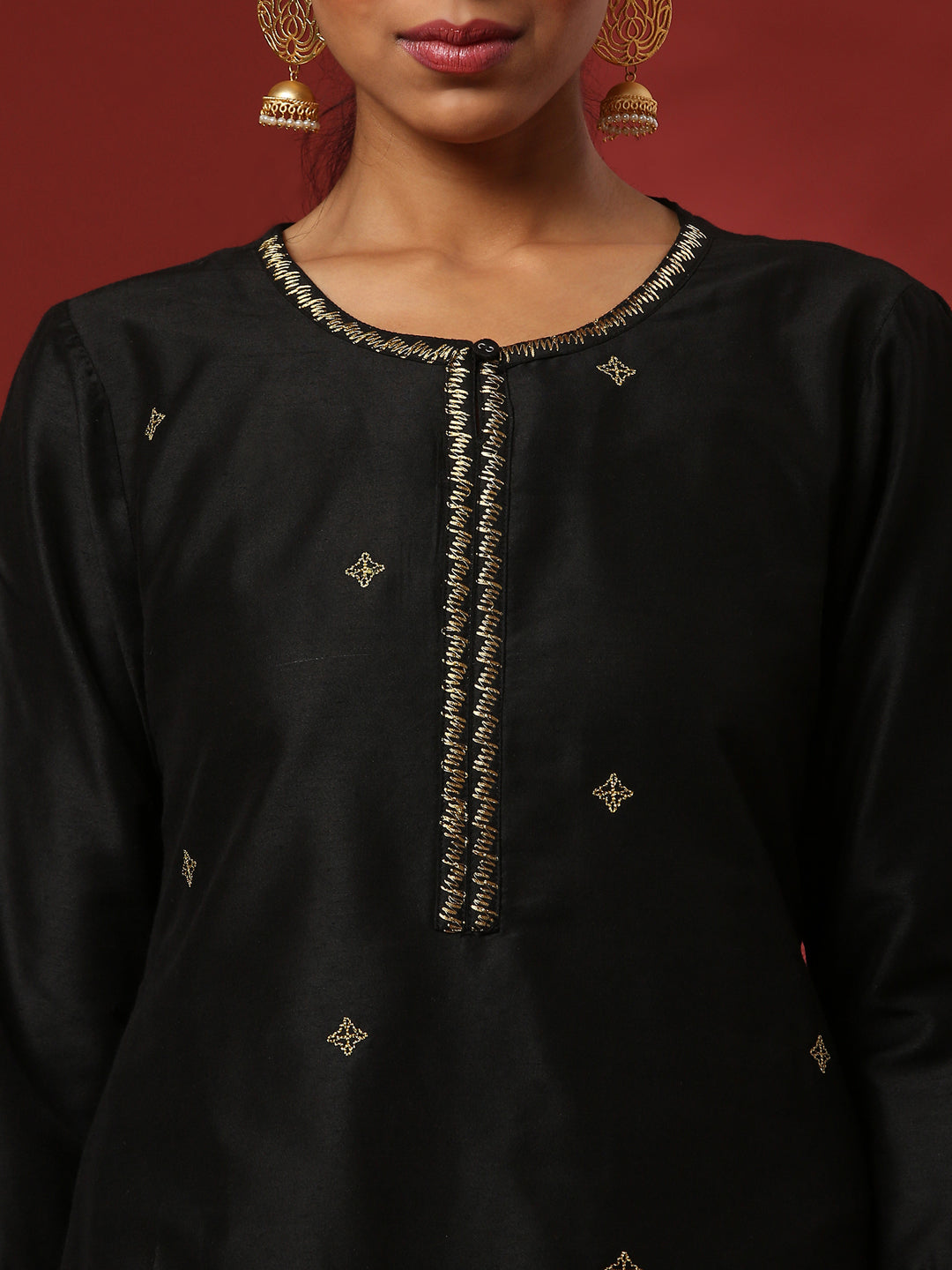 Zari embroidered 3pc kurta set with contrast color pant and dupatta- black