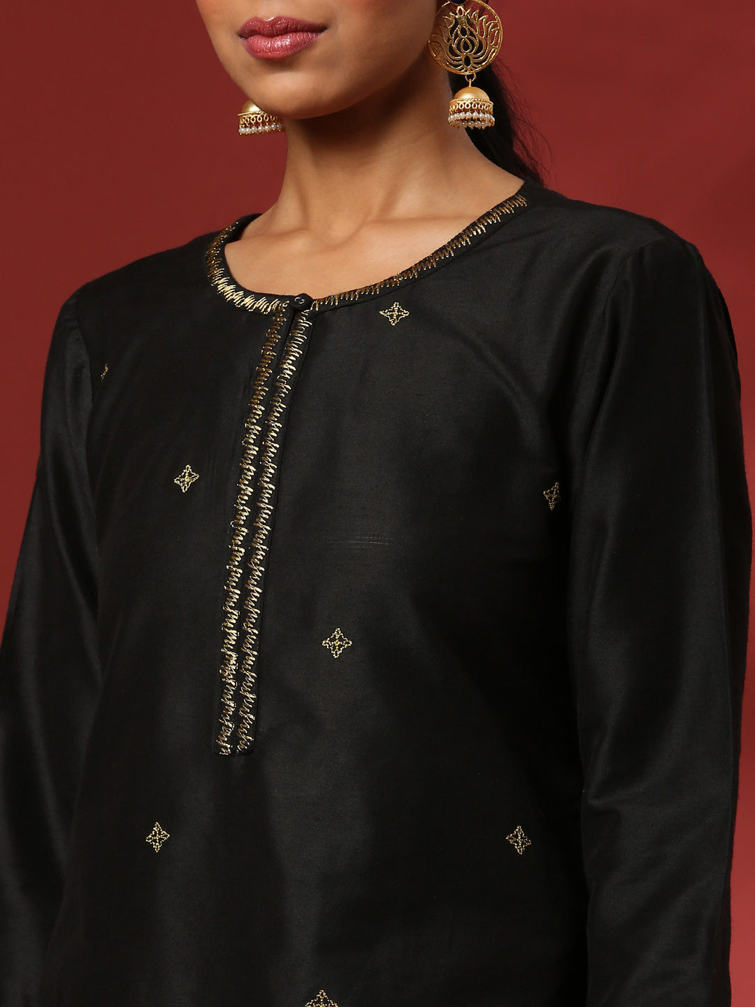 Zari embroidered 3pc kurta set with contrast color pant and dupatta- black