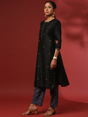 Zari embroidered 3pc kurta set with contrast color pant and dupatta- black