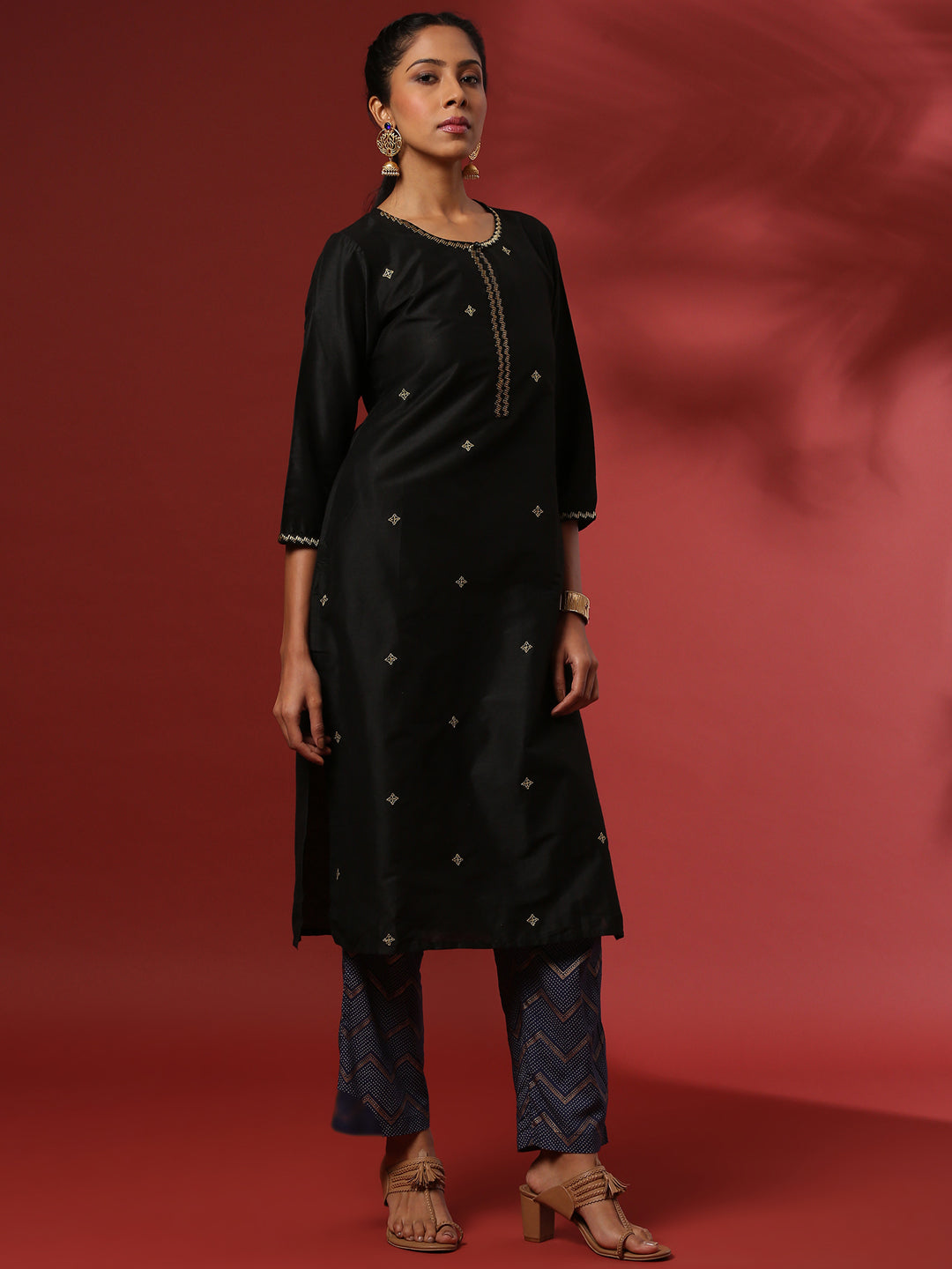 Zari embroidered 3pc kurta set with contrast color pant and dupatta- black