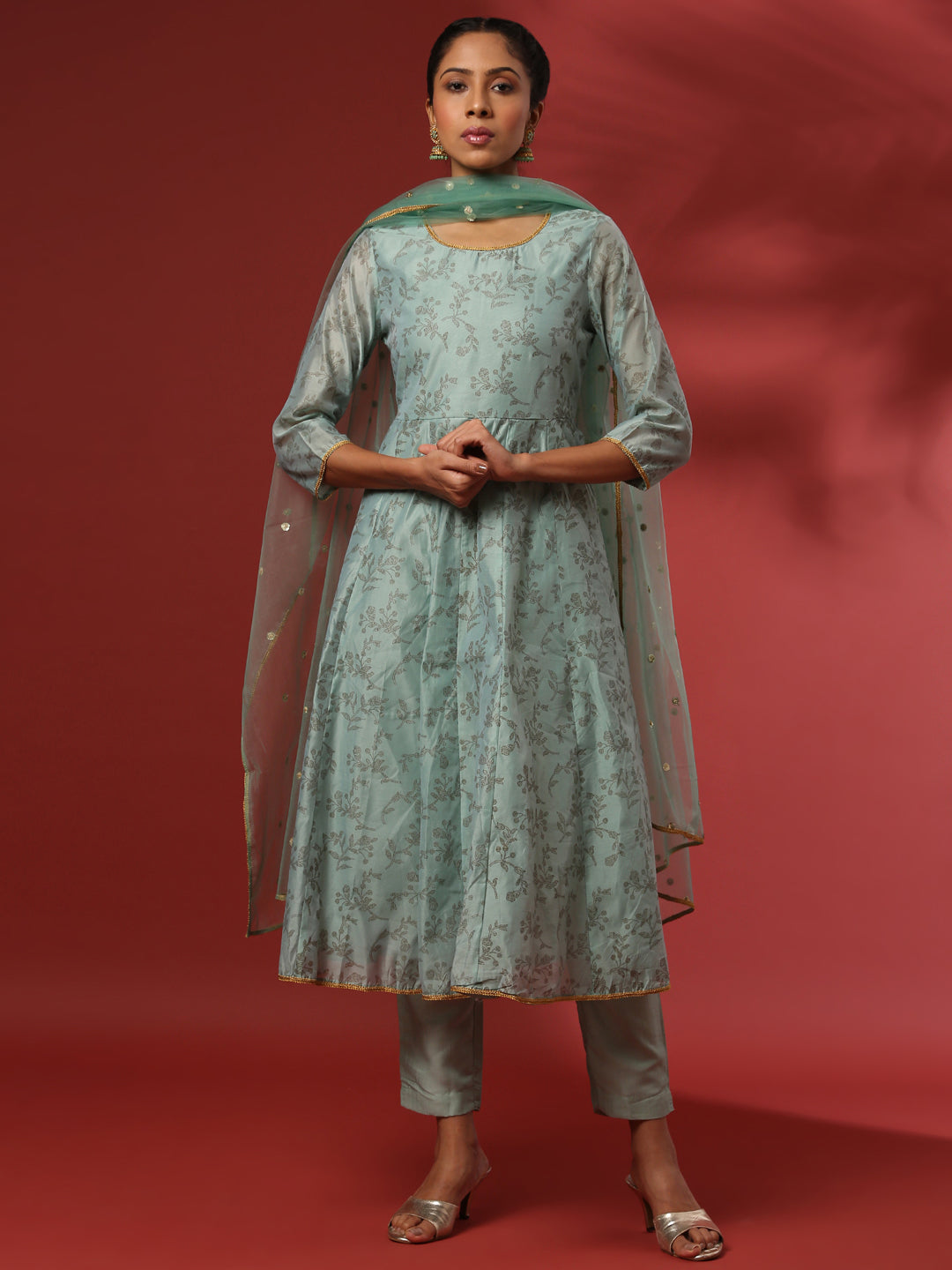 Printed 3pc kurta set with embroidered dupatta-mint