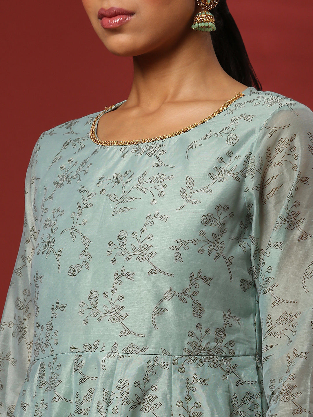 Printed 3pc kurta set with embroidered dupatta-mint