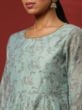 Printed 3pc kurta set with embroidered dupatta-mint