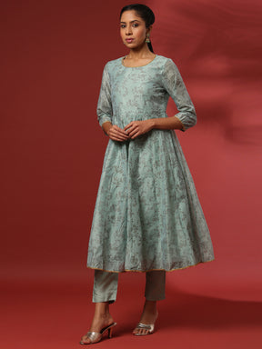 Printed 3pc kurta set with embroidered dupatta-mint