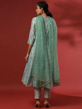 Printed 3pc kurta set with embroidered dupatta-mint