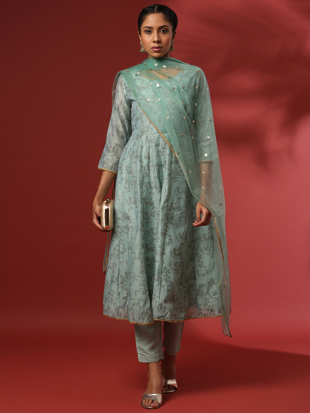 Printed 3pc kurta set with embroidered dupatta-mint