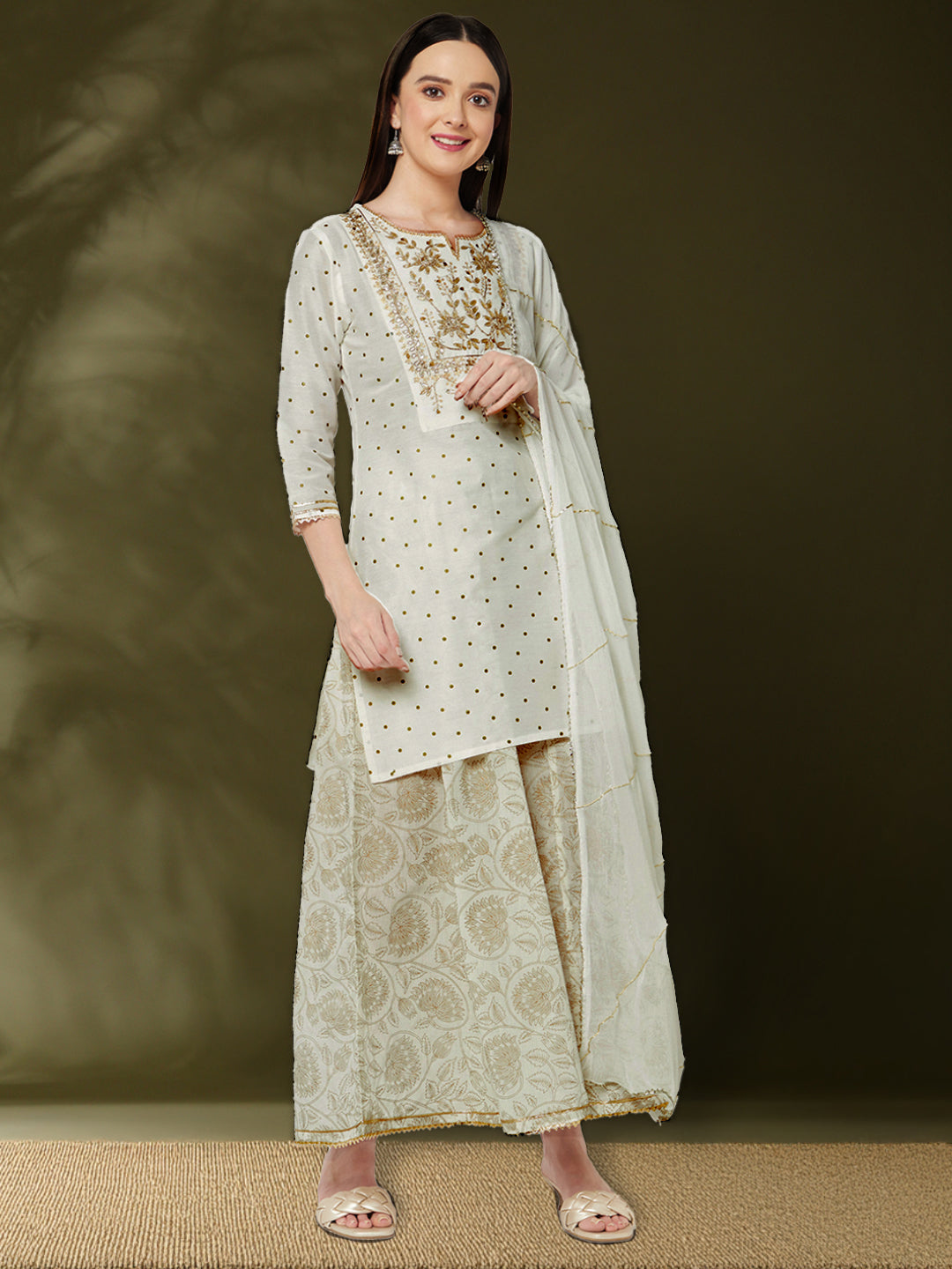 embroidered kurta with brocade flare pants and dupatta-offwhite