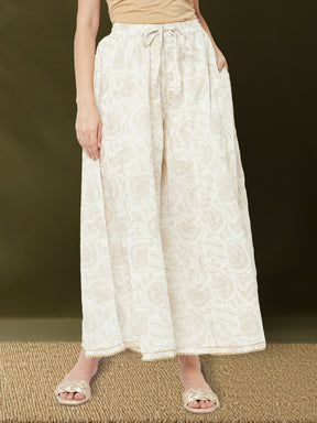 embroidered kurta with brocade flare pants and dupatta-offwhite