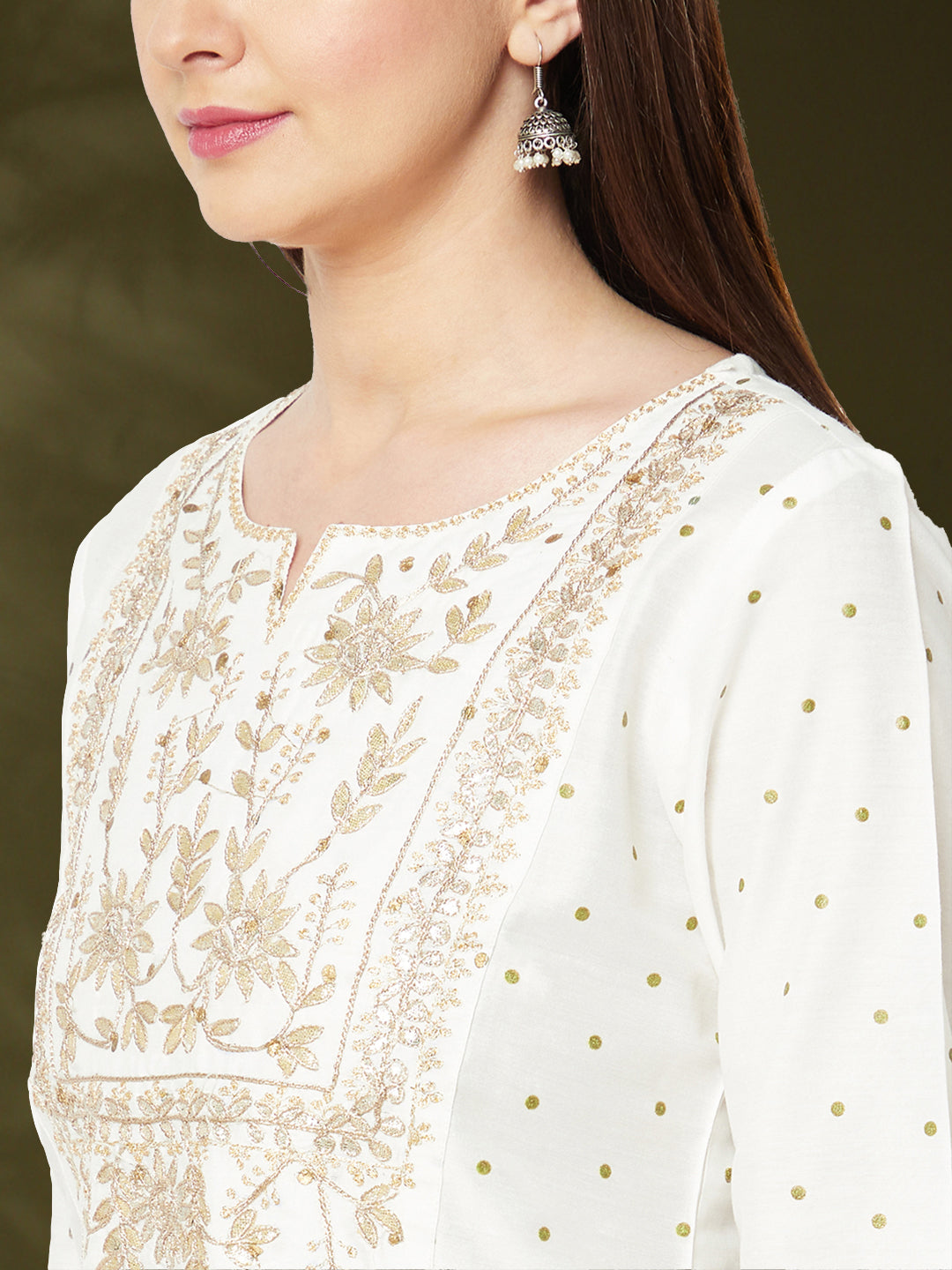 embroidered kurta with brocade flare pants and dupatta-offwhite